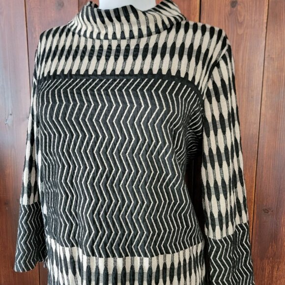 Anthropologie Uncle Frank L Black Tan Chevron Retro Mod Shift Dress 3/4 Sleeve - Picture 6 of 11
